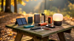 A variety of outdoor gadgets, including power banks, a solar panel, flashlight, water bottle, portable lamp, and multitools, are neatly arranged on a wooden picnic table in a sunlit forest setting with autumn leaves.