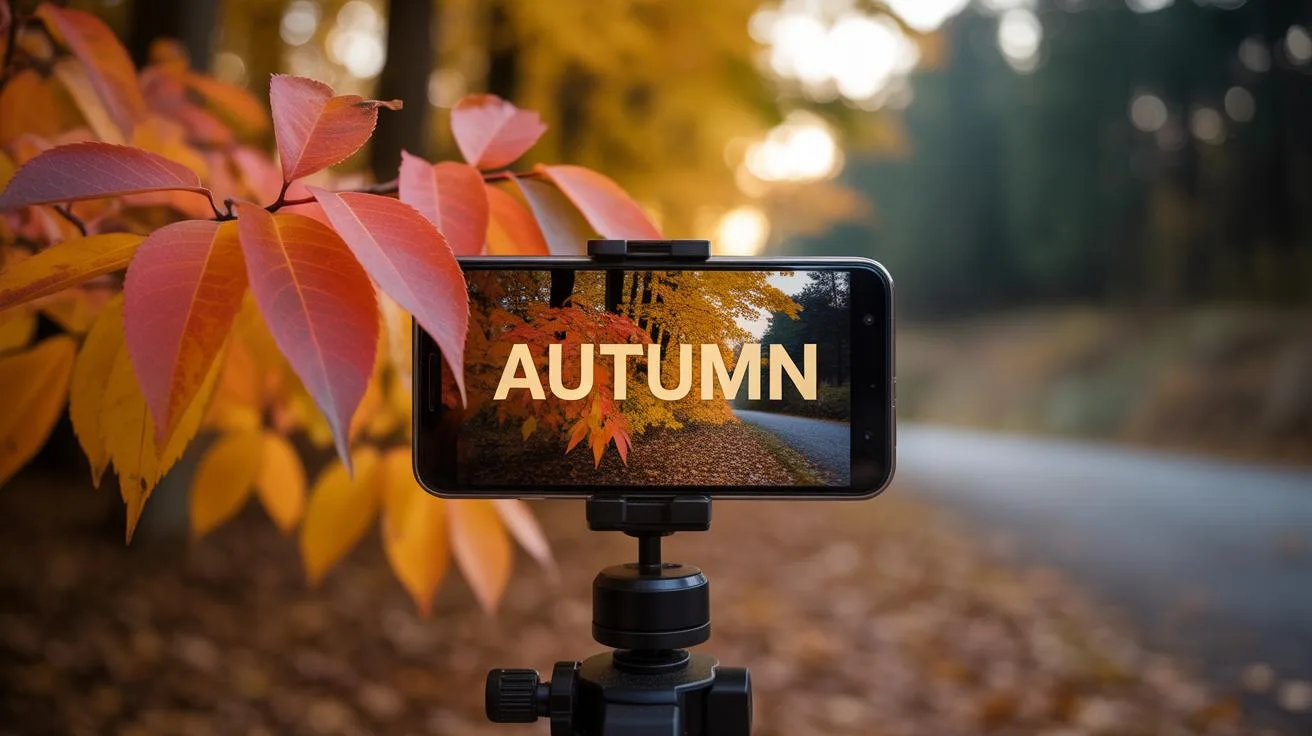 A smartphone on a tripod captures autumn leaves with the word AUTUMN displayed on its screen. The background shows a blurred forest path surrounded by colorful fall foliage.