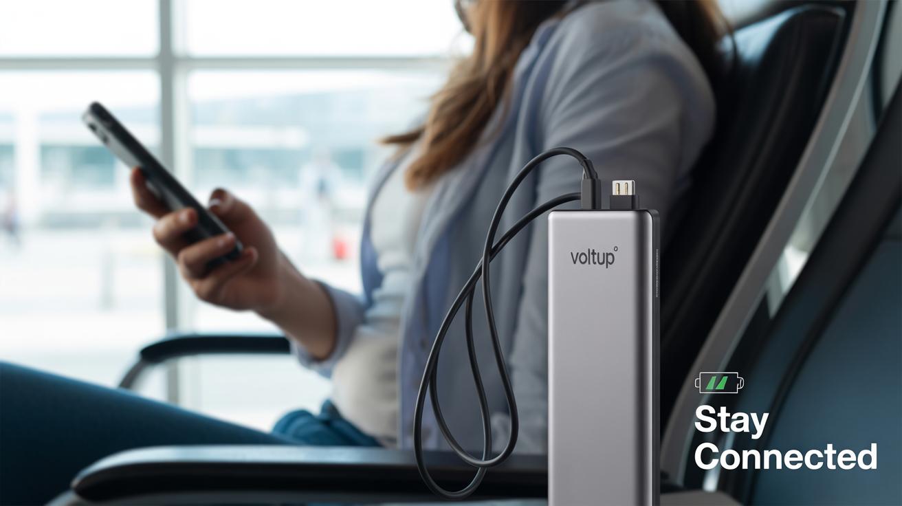 A person sitting in an airport lounge uses their phone while a Voltup power bank charges a device. Text on the image reads Stay Connected with a battery icon.