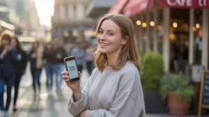 A young woman smiles and holds up a smartphone displaying hello world! on the screen while standing outdoors on a busy city street near a café.