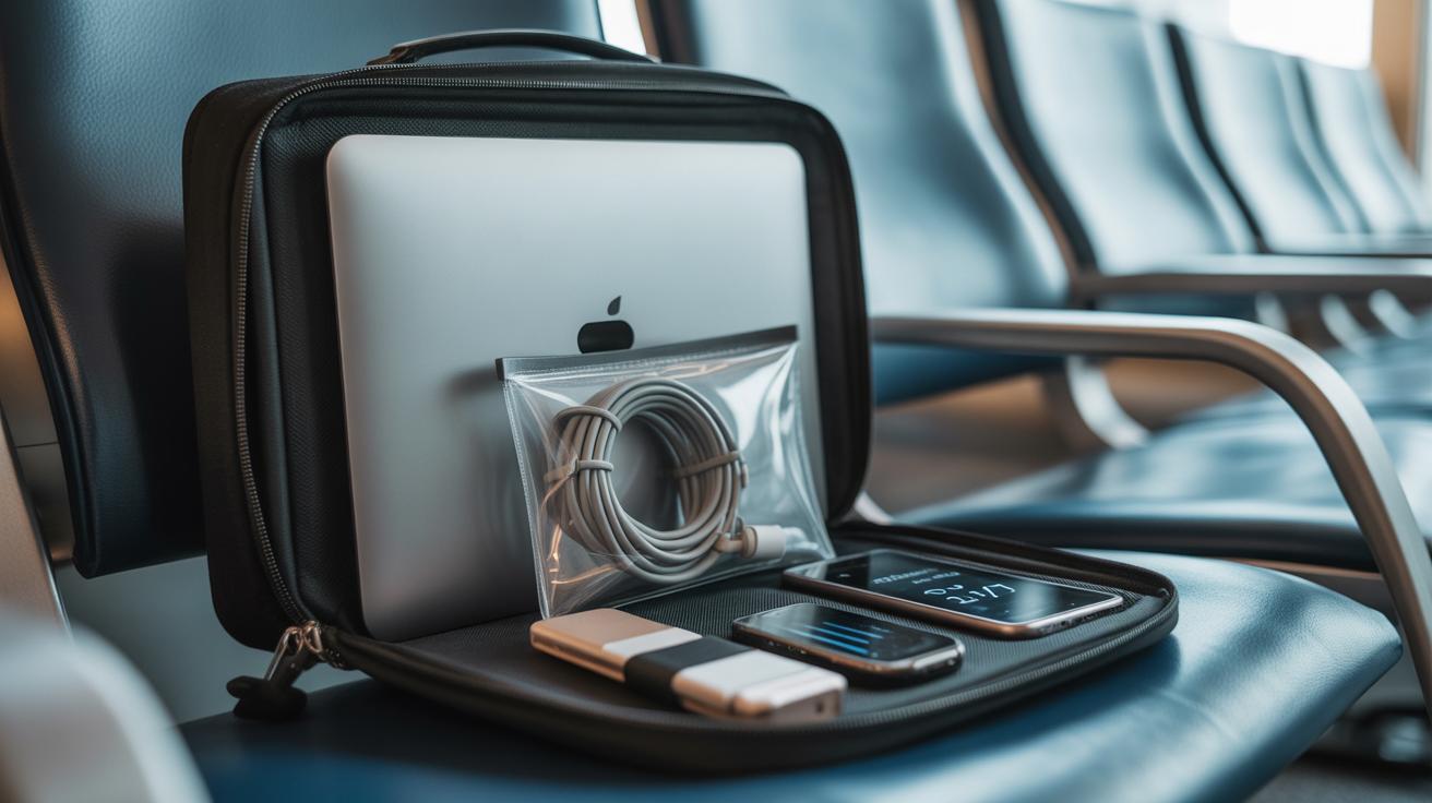 A travel bag on an airport seat holds a laptop, a clear pouch with charging cables, a smartphone, and other electronic accessories neatly organized in a zippered compartment.