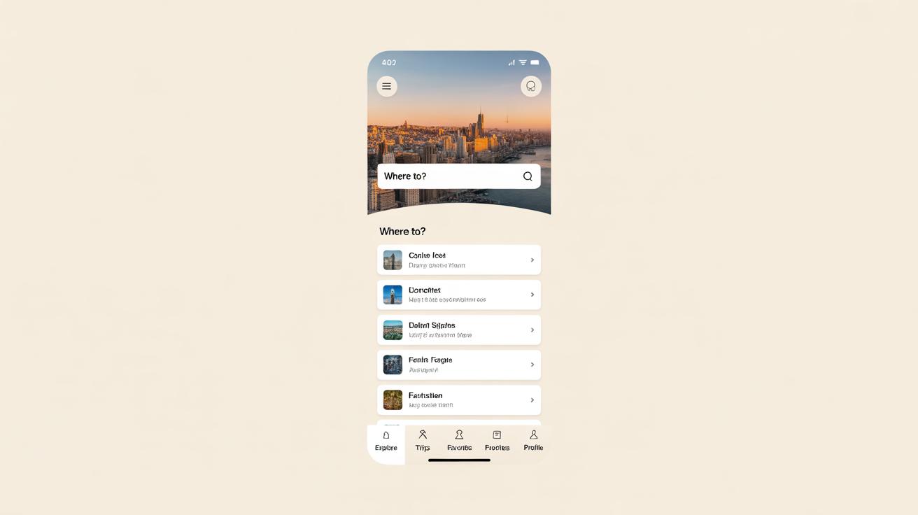 A mobile app interface displays a travel search page with a city skyline at the top, a search bar labeled Where to?, and a list of suggested destinations with images and brief descriptions below.