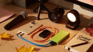 A desk with a microphone, smartphone, camera lens, tripod, light, power bank, charging cables, a notebook labeled “Content Creator,” pen, and autumn leaves, suggesting a creative workspace setup.