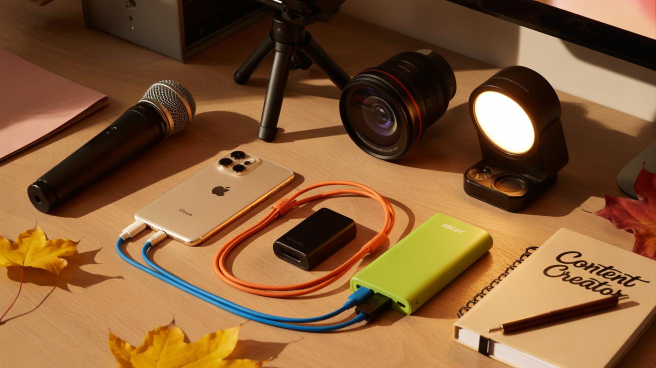 A desk with a microphone, smartphone, camera lens, tripod, light, power bank, charging cables, a notebook labeled “Content Creator,” pen, and autumn leaves, suggesting a creative workspace setup.