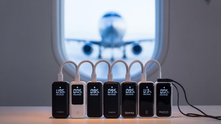Seven carbon monoxide detectors are lined up on a table in front of an airplane window, each showing different percentage readings. A blurred airplane is visible outside the window.