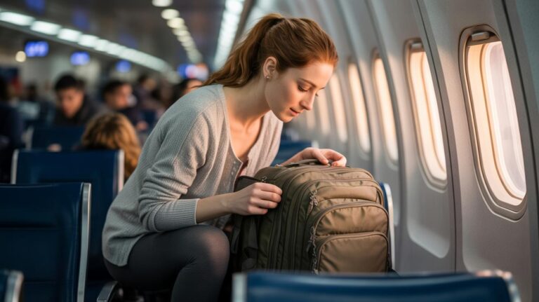 A woman sitting in an airplane seat places a green backpack under the seat in front of her. Other passengers are visible in the background. Daylight streams through the plane’s windows.