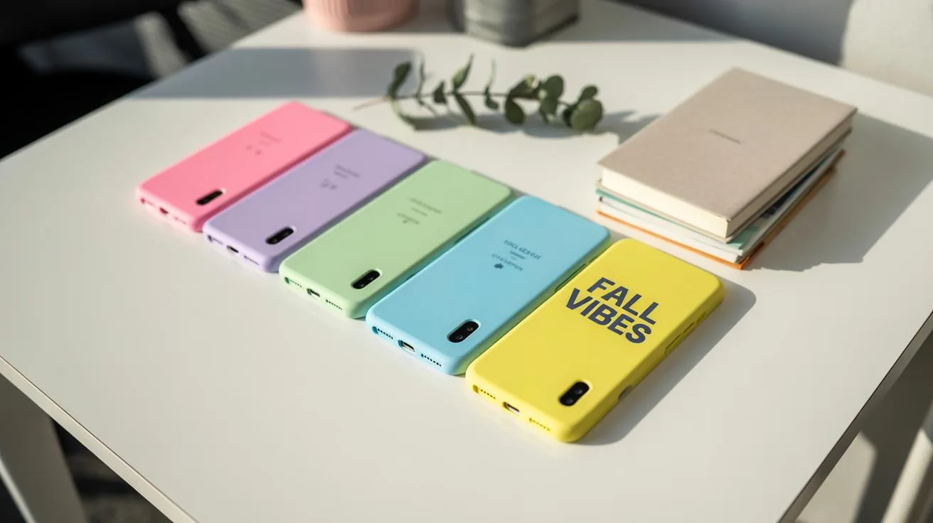 Five colorful rectangular power banks, each with a different pastel color, are neatly lined up on a white table. The yellow power bank in the front says FALL VIBES. Books and a plant are in the background.