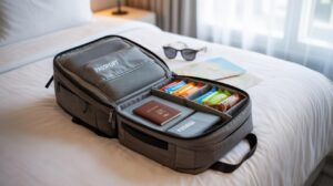 An open travel bag sits on a bed, neatly packed with a passport, travel documents, snacks, and toiletries. Nearby are a pair of sunglasses and a map, with light streaming through a window in the background.