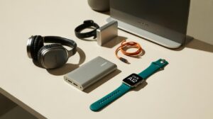 A collection of tech gadgets on a beige surface, including wireless headphones, a smartwatch, two portable chargers, an orange charging cable, a black fitness tracker, and a laptop partially visible in the background.