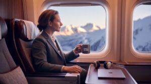 A person in a suit sits in a first-class airplane seat, holding a steaming mug labeled First Class, with mountains visible outside the window; headphones and a laptop are on the tray table.
