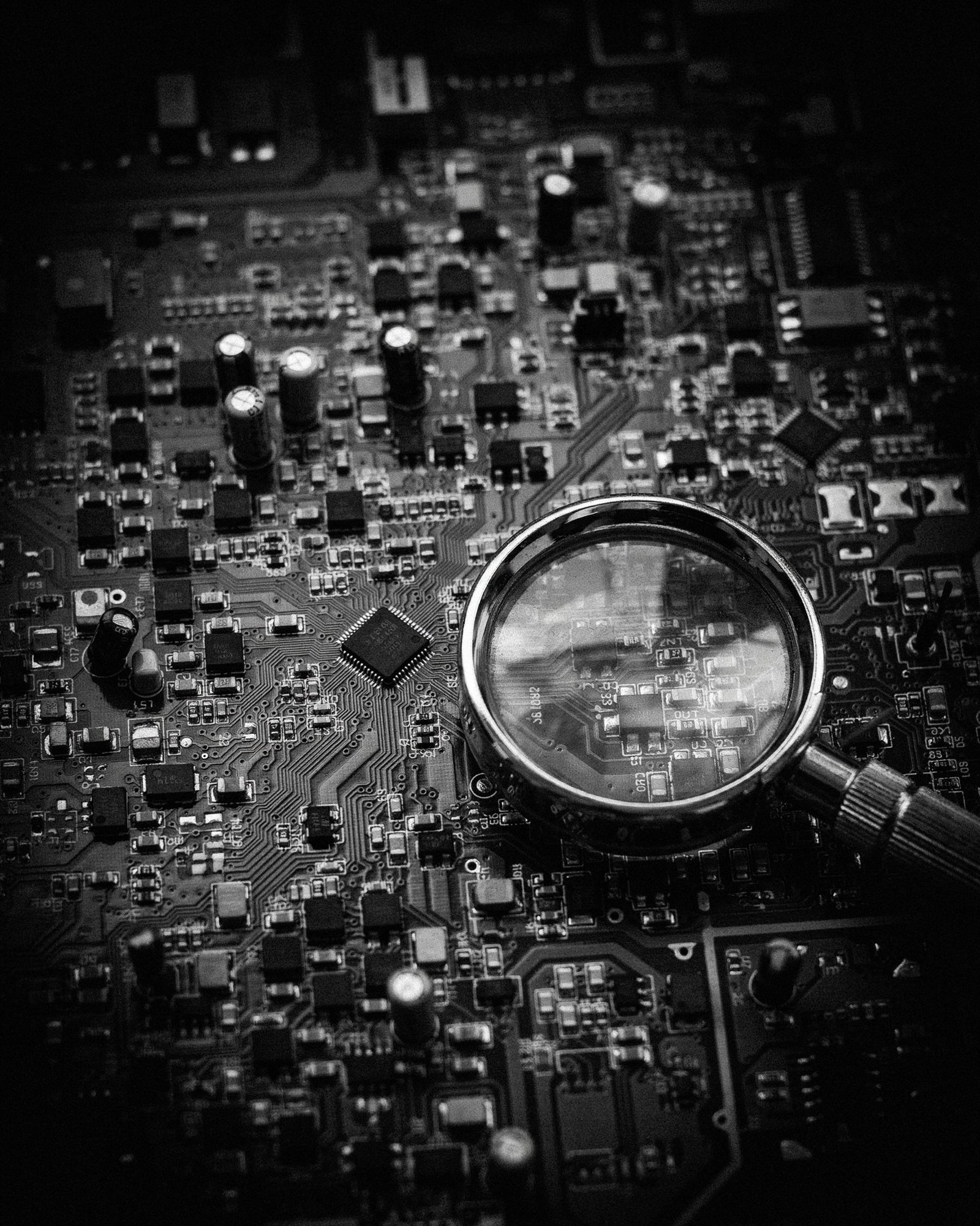 Macro black and white photo of a circuit board with a magnifying loupe